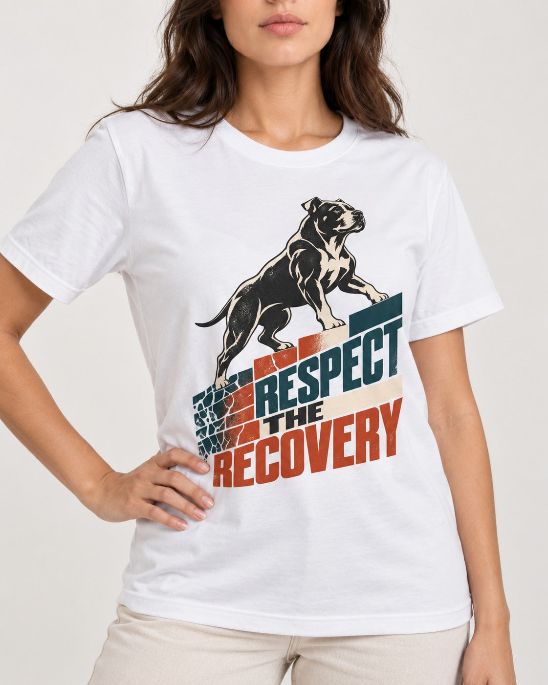 Pitbull Respect the Recovery T-Shirt in White, worn by a model, front view