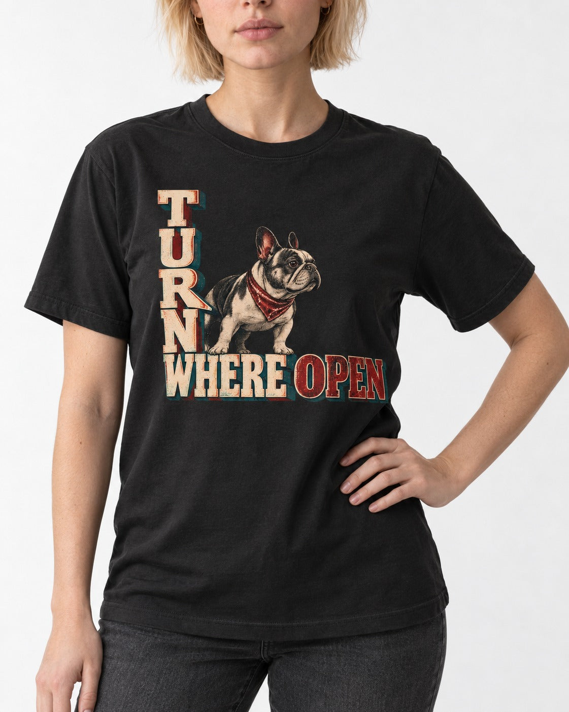 Turn Where Open Frenchie T-Shirt in Black, worn by a model, front view