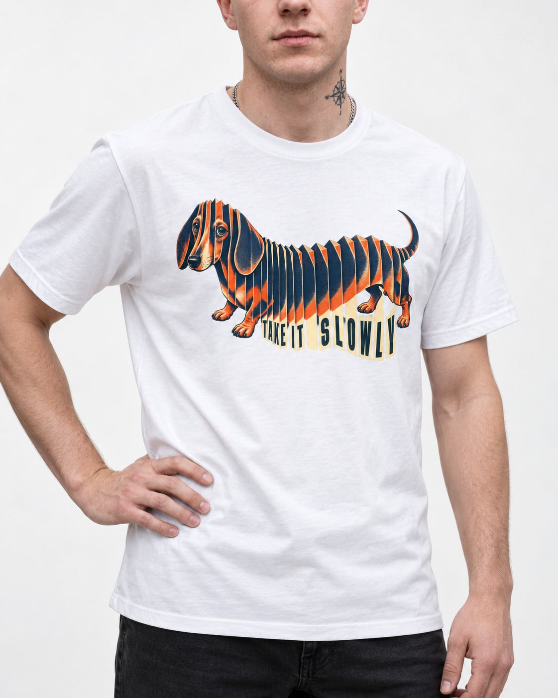 Take It Slowly Dachshund T-Shirt in White, worn by a model, front view