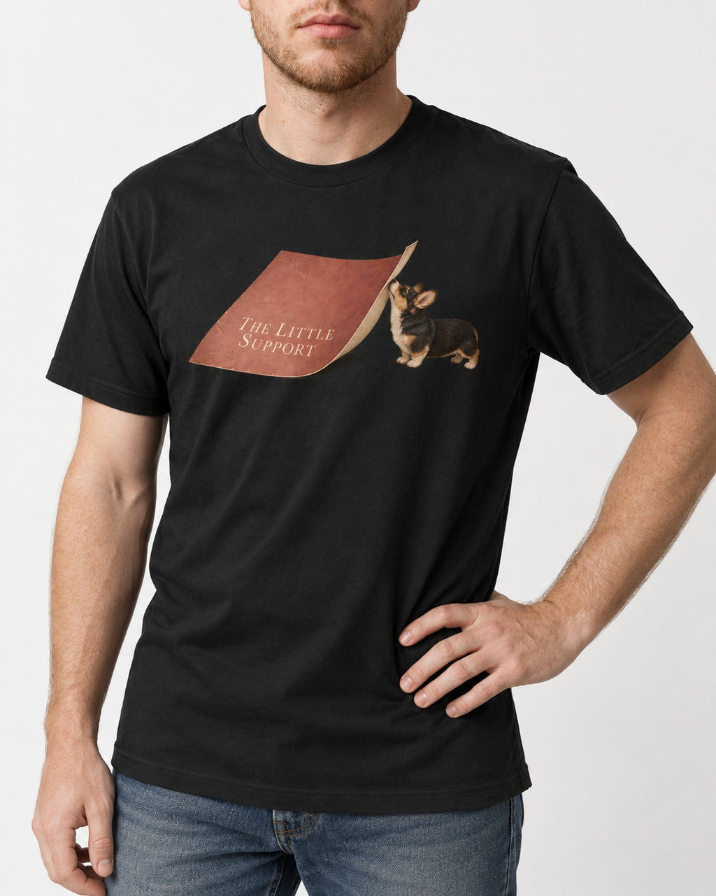 Corgi The Little Support Paper Graphic T-Shirt in Black, worn by a model, front view