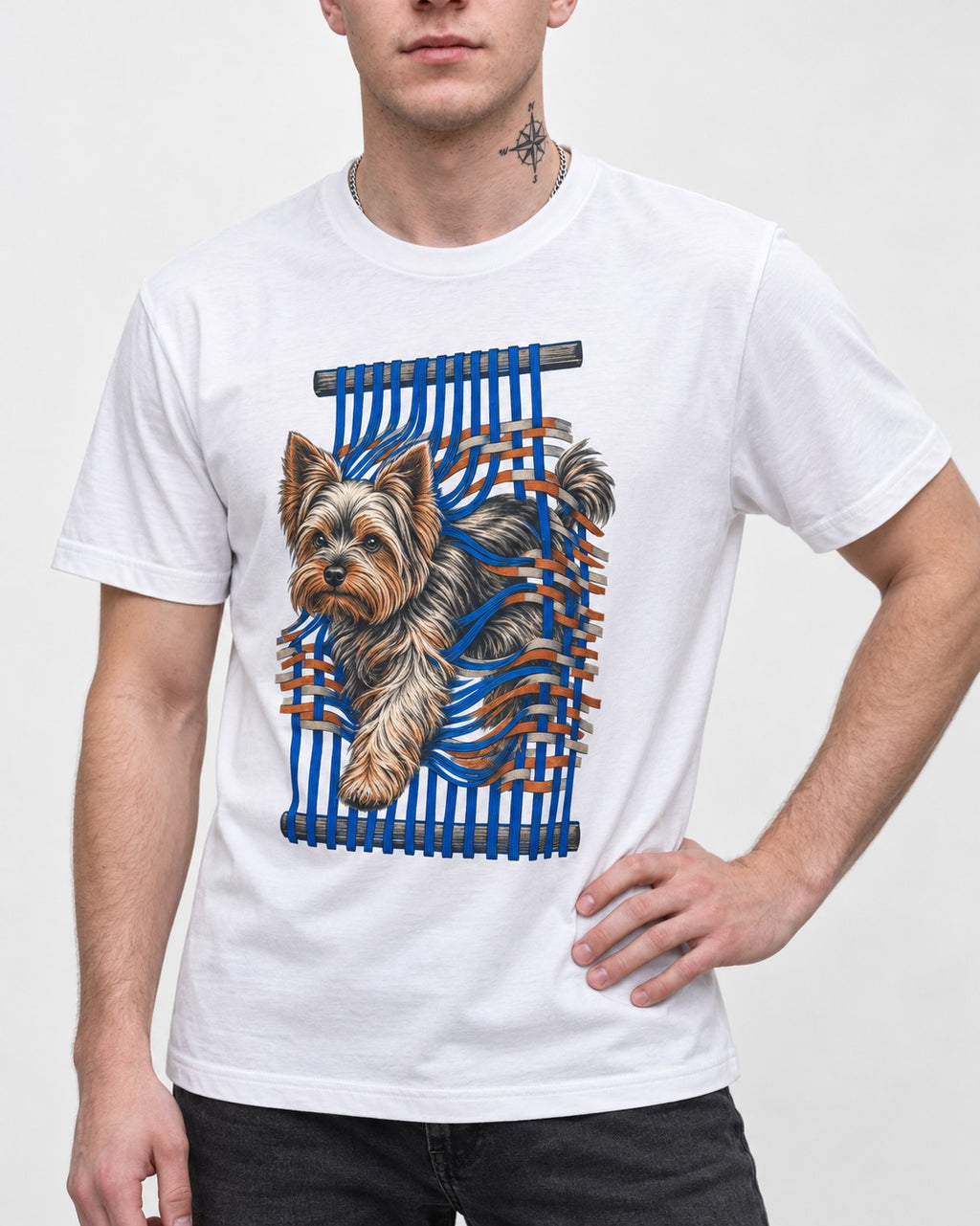 Yorkshire Terrier Unbound T-Shirt in White, worn by a model, front view