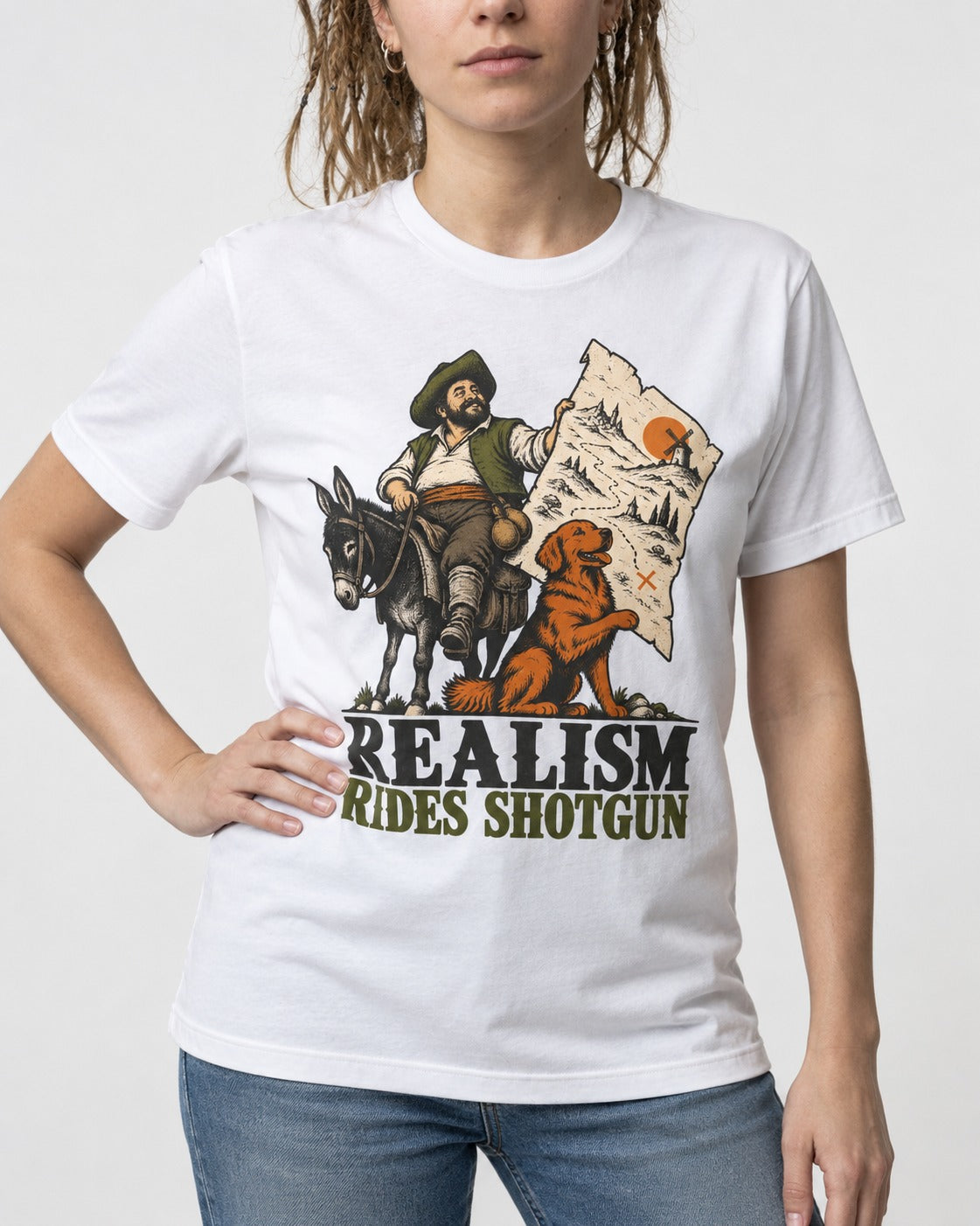 Realism Rides Shotgun with Golden Retriever T-Shirt in White, worn by a model, front view