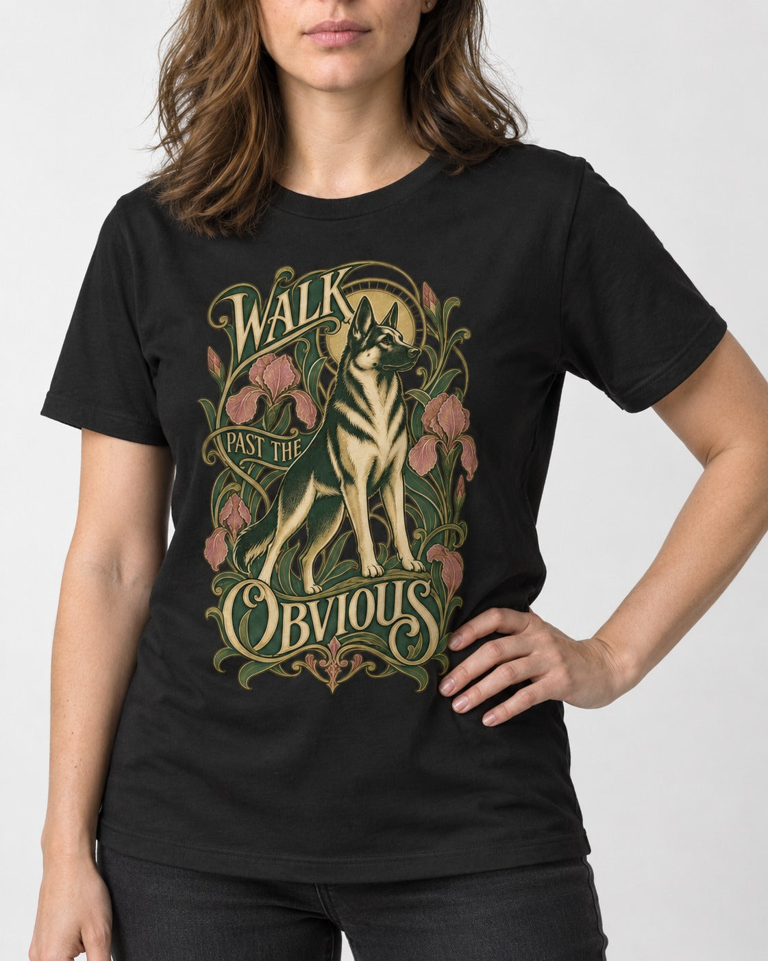 Walk Past The Obvious Art Nouveau German Shepherd Dog Graphic T-Shirt in Black, worn by a model, front view