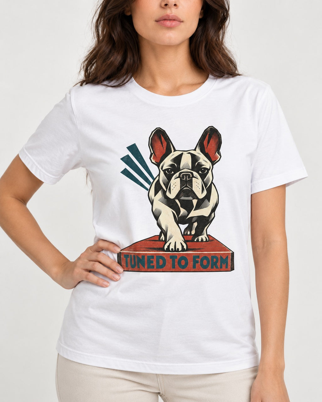 Frenchie Tuned to Form T-Shirt in White, worn by a model, front view