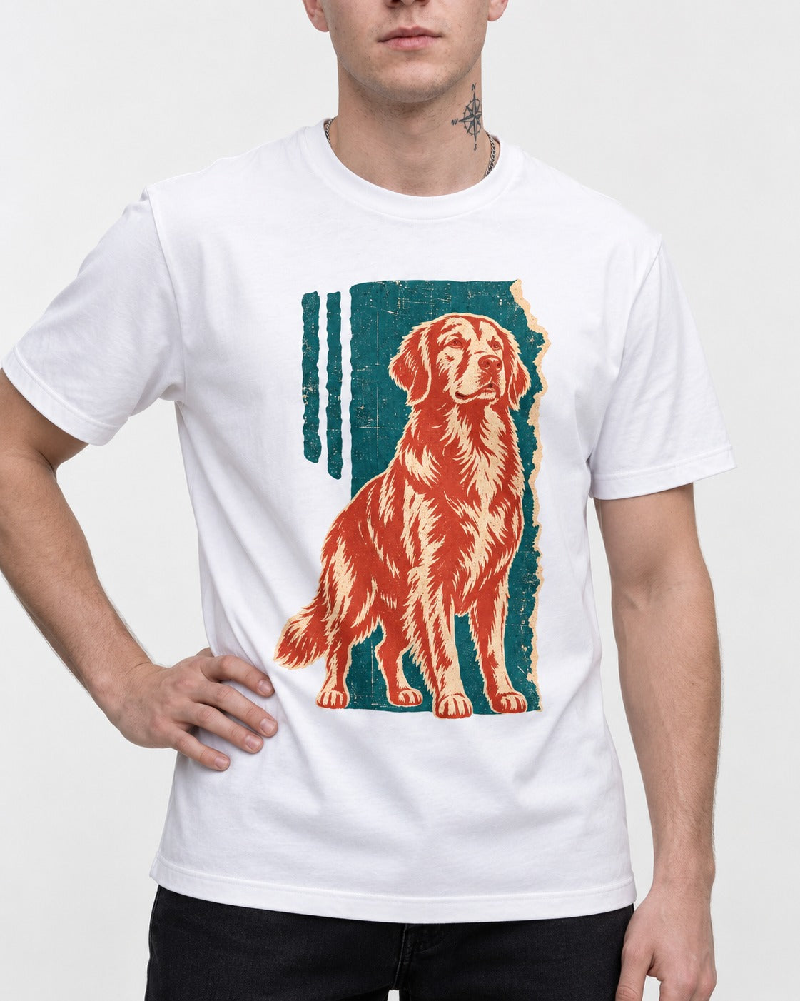 Golden Retriever Steadfast Heart T-Shirt in White, worn by a model, front view