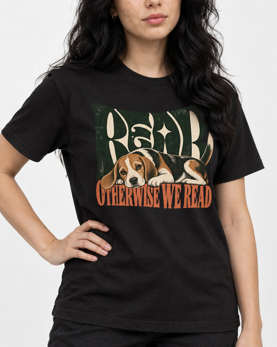 Beagle Read Otherwise We Read Retro Graphic T-Shirt in Black, worn by a model, front view