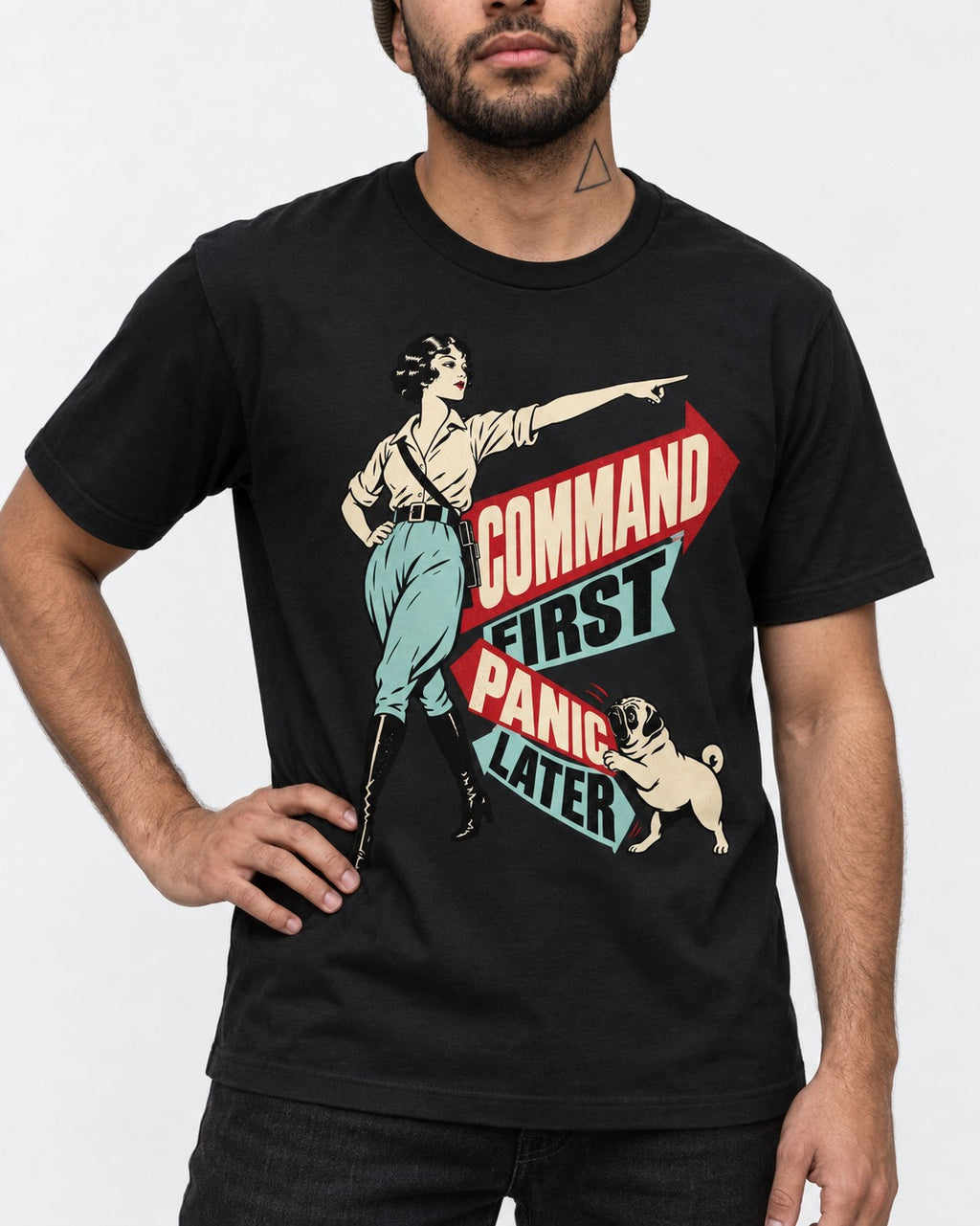 Pug Command First Panic Later Directional Graphic T-Shirt in Black, worn by a model, front view