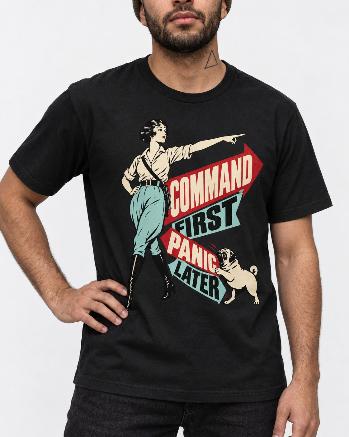 Pug Command First Panic Later Directional Graphic T-Shirt in Black, worn by a model, front view