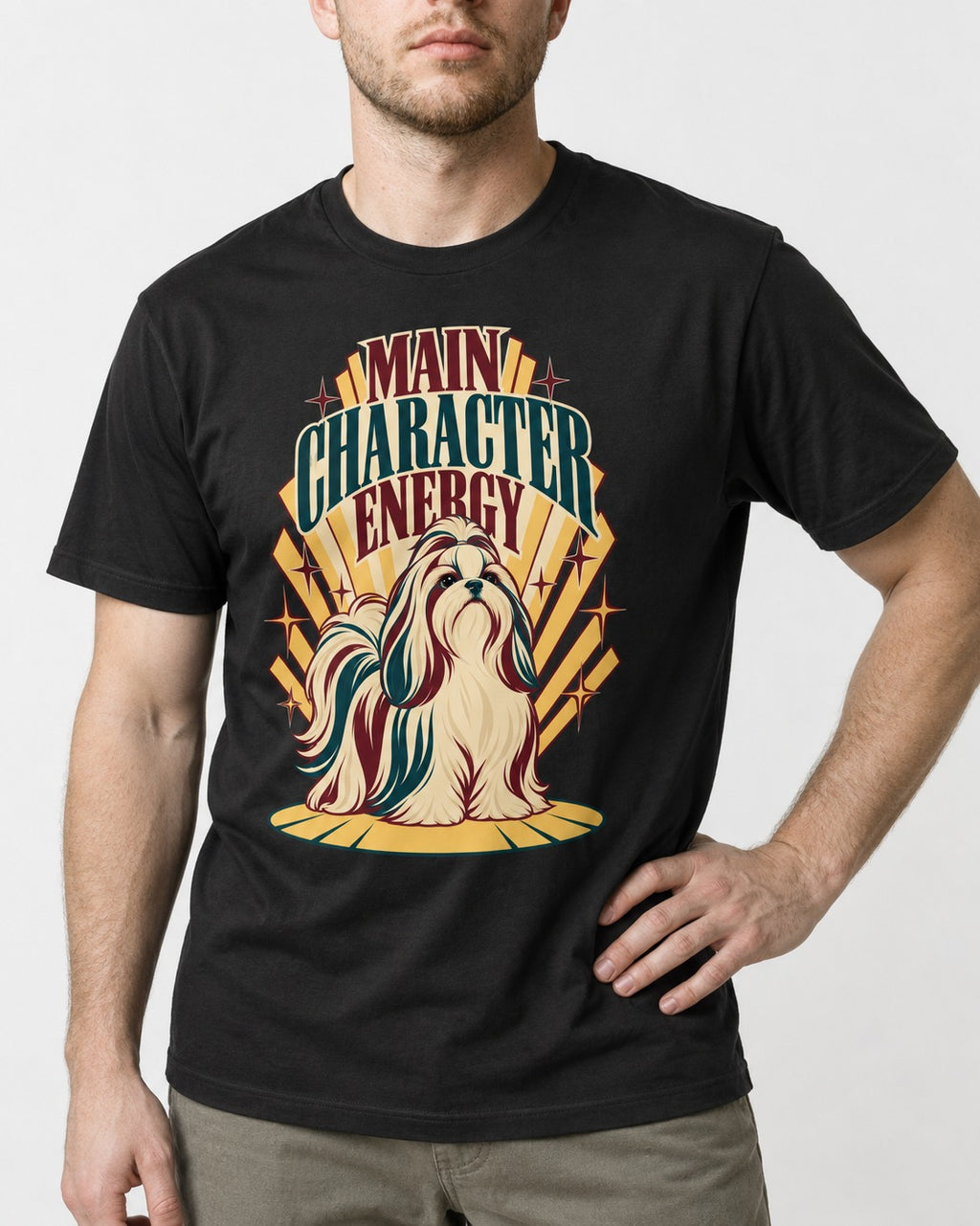 Shih Tzu Main Character Energy Art Deco Graphic T-Shirt in Black, worn by a model, front view