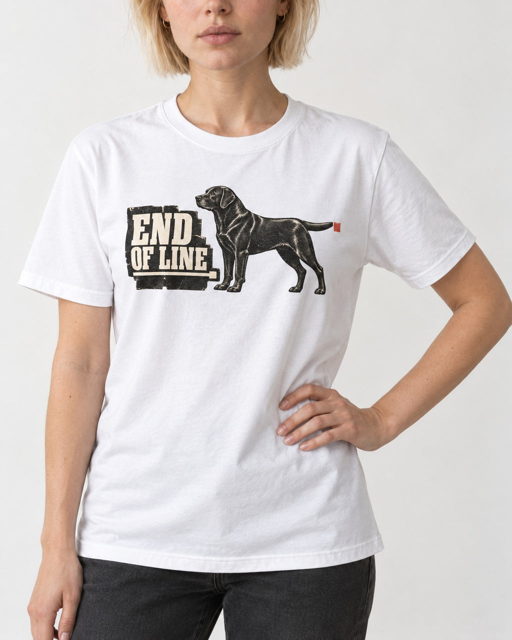 End of Line Labrador Retriever T-Shirt in White, worn by a model, front view