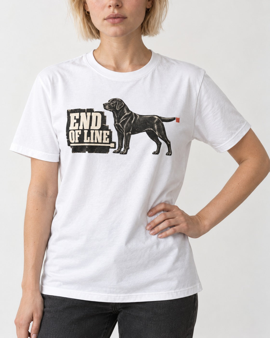 End of Line Labrador Retriever T-Shirt in White, worn by a model, front view