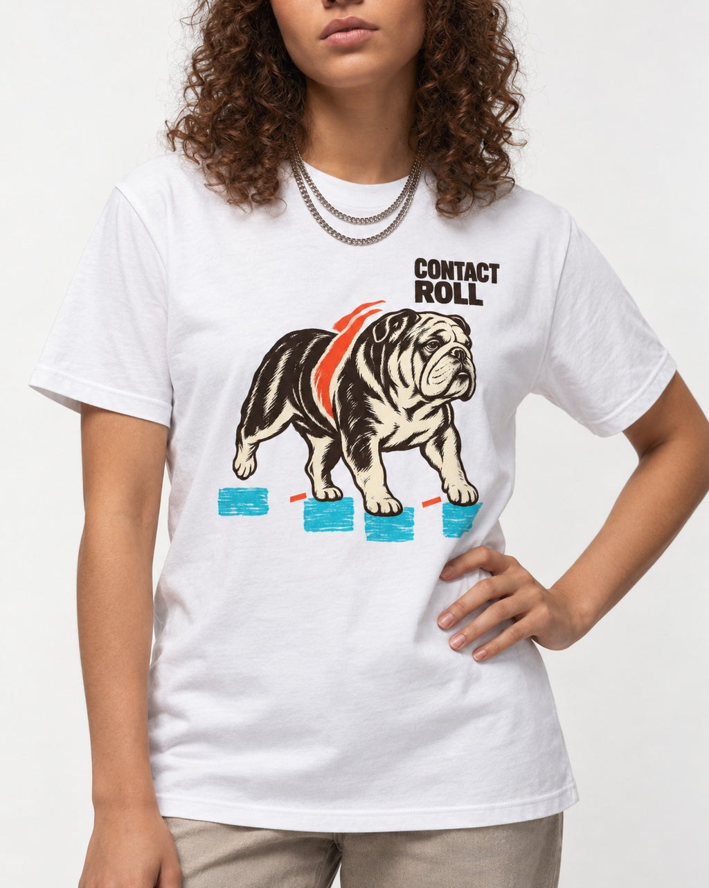 Contact Roll English Bulldog T-Shirt in White, worn by a model, front view
