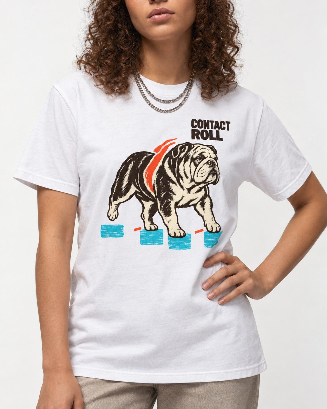 Contact Roll English Bulldog T-Shirt in White, worn by a model, front view