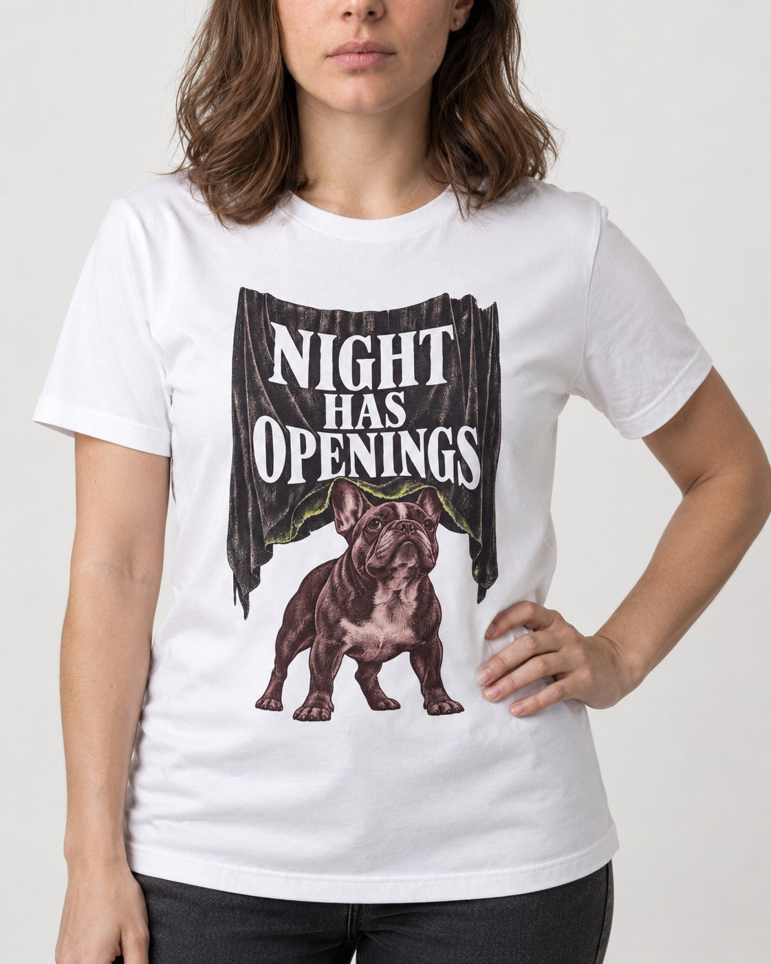 Night Has Openings Frenchie T-Shirt in White, worn by a model, front view