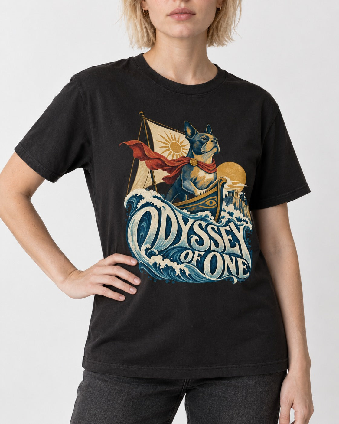 Boston Terrier Odyssey of One T-Shirt in Black, worn by a model, front view