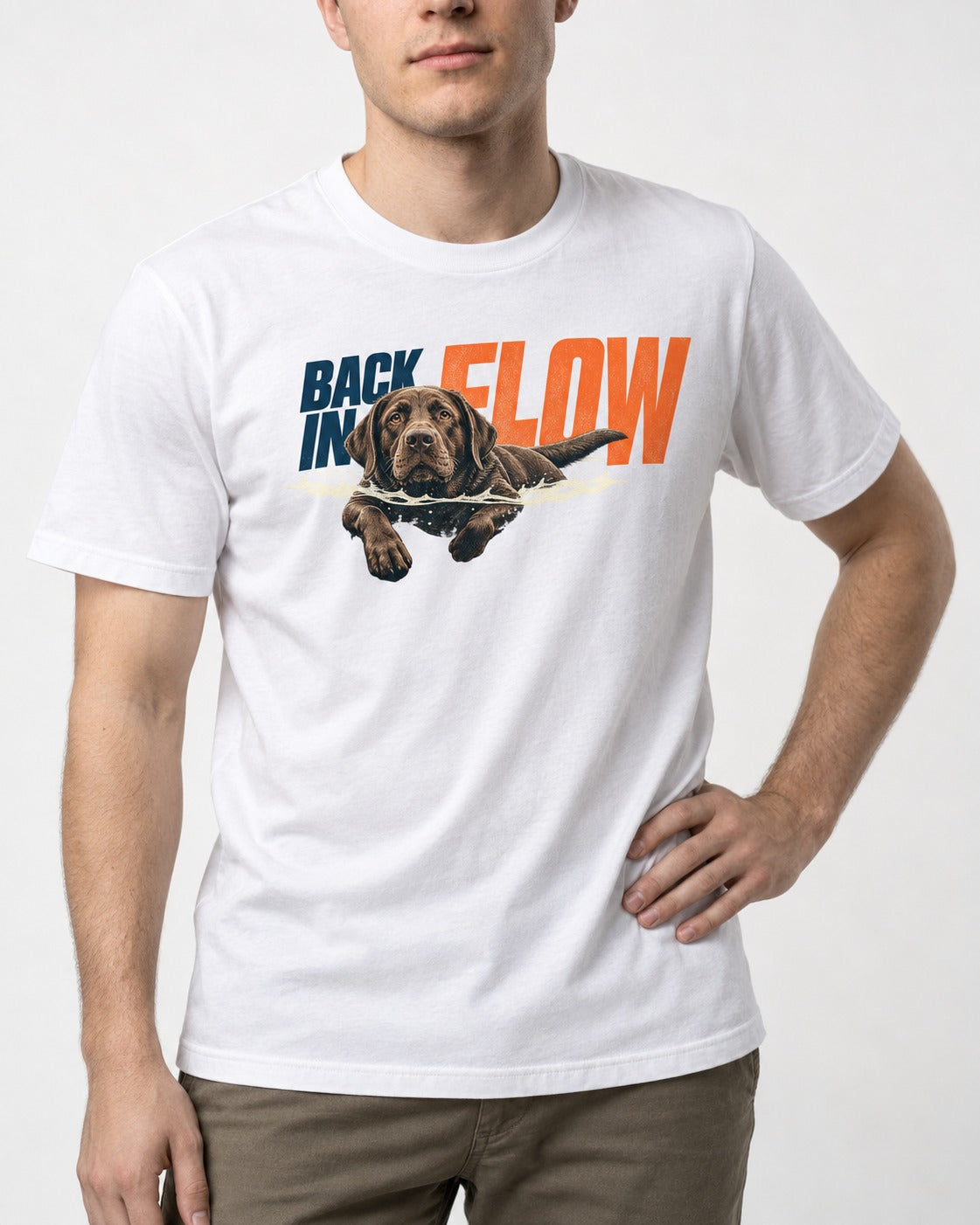 Labrador Retriever Back in Flow T-Shirt in White, worn by a model, front view