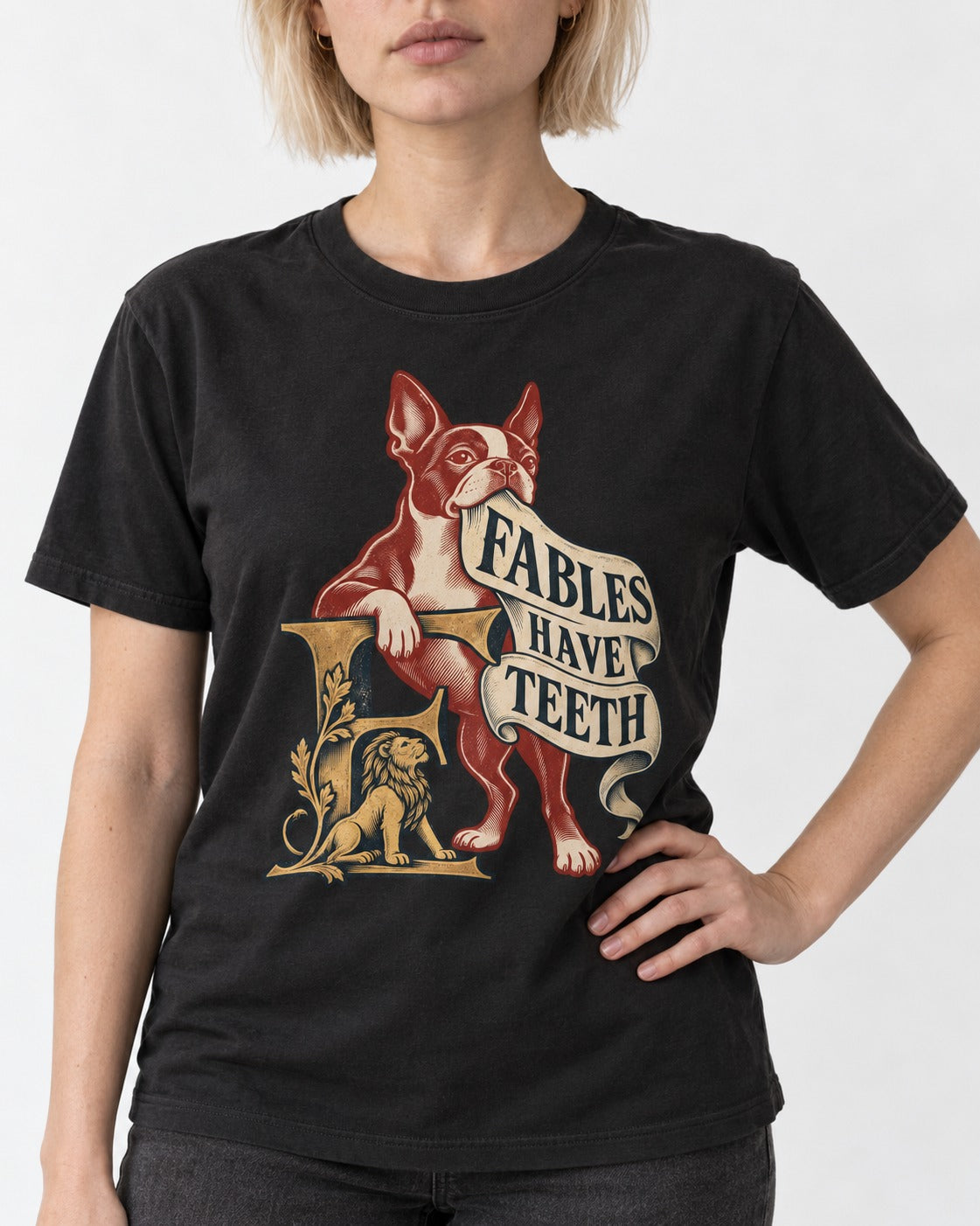 Boston Terrier Fables Have Teeth T-Shirt in Black, worn by a model, front view