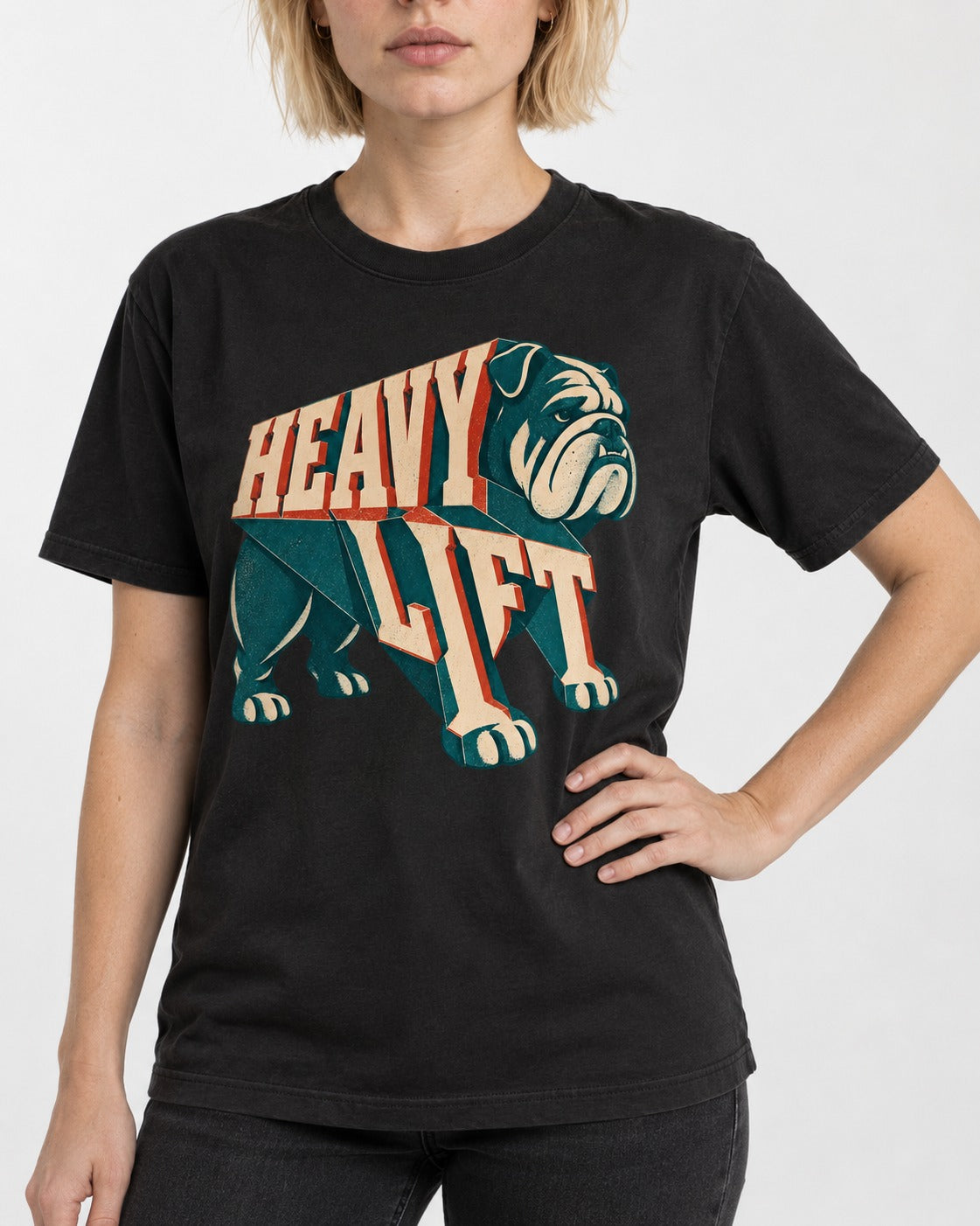 English Bulldog Heavy Lift Dimensional Type T-Shirt in Black, worn by a model, front view