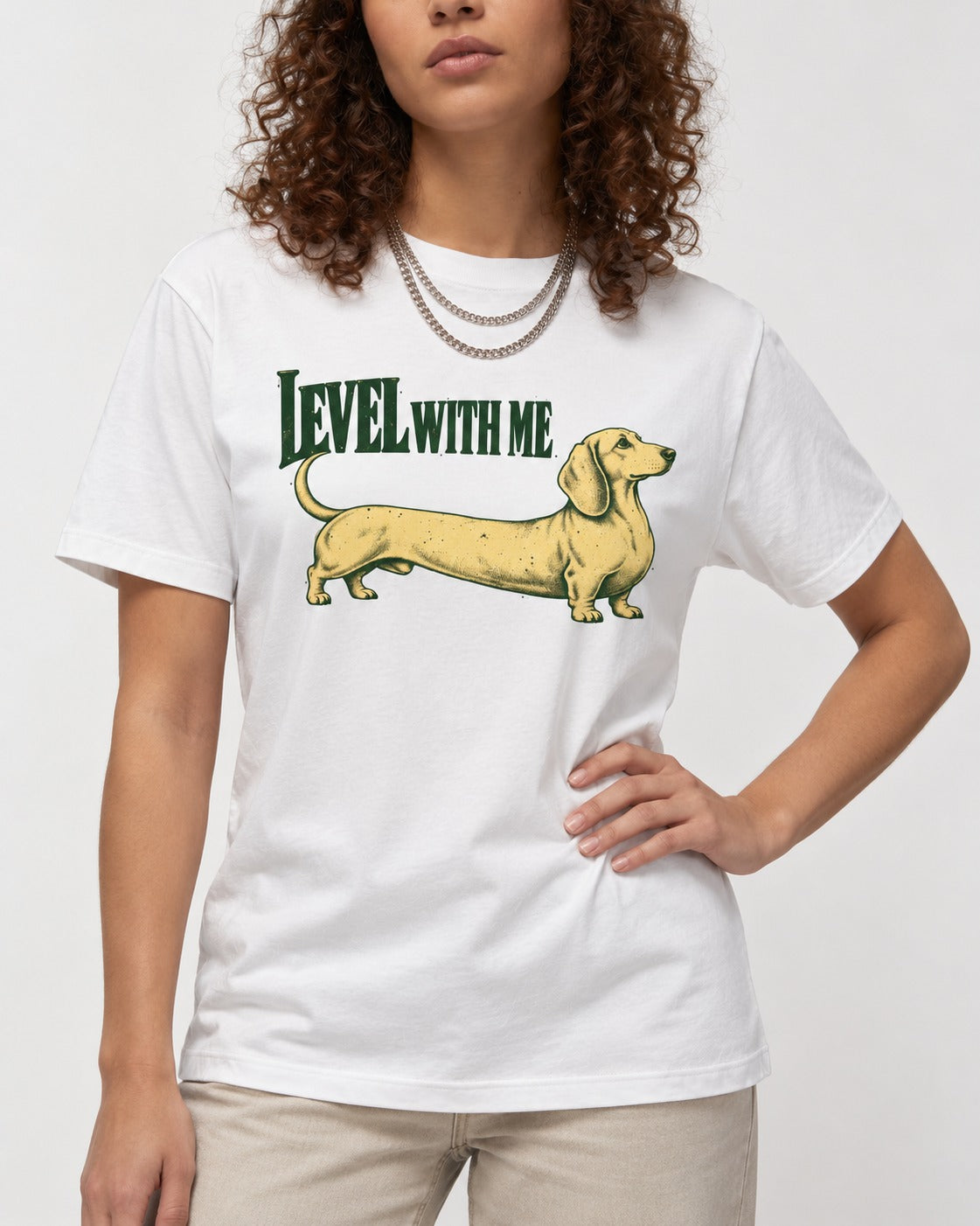 Dachshund Level with Me T-Shirt in White, worn by a model, front view