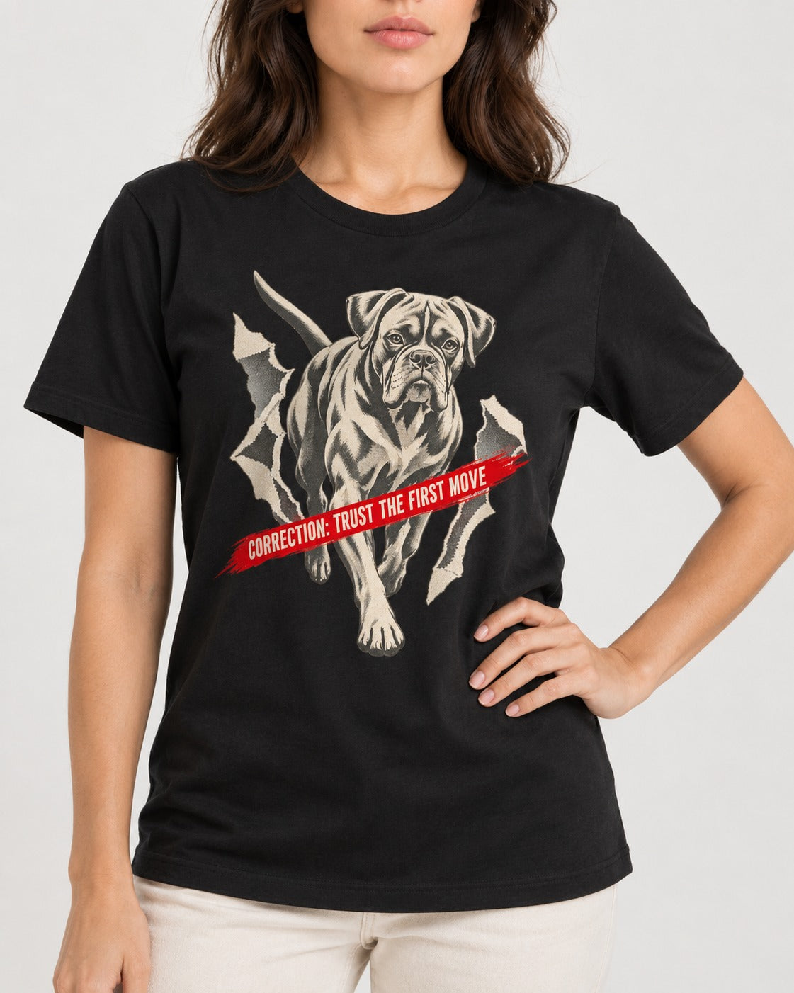 Mastiff Mismatch Boxer Needs Review T-Shirt in Black, worn by a model, front view