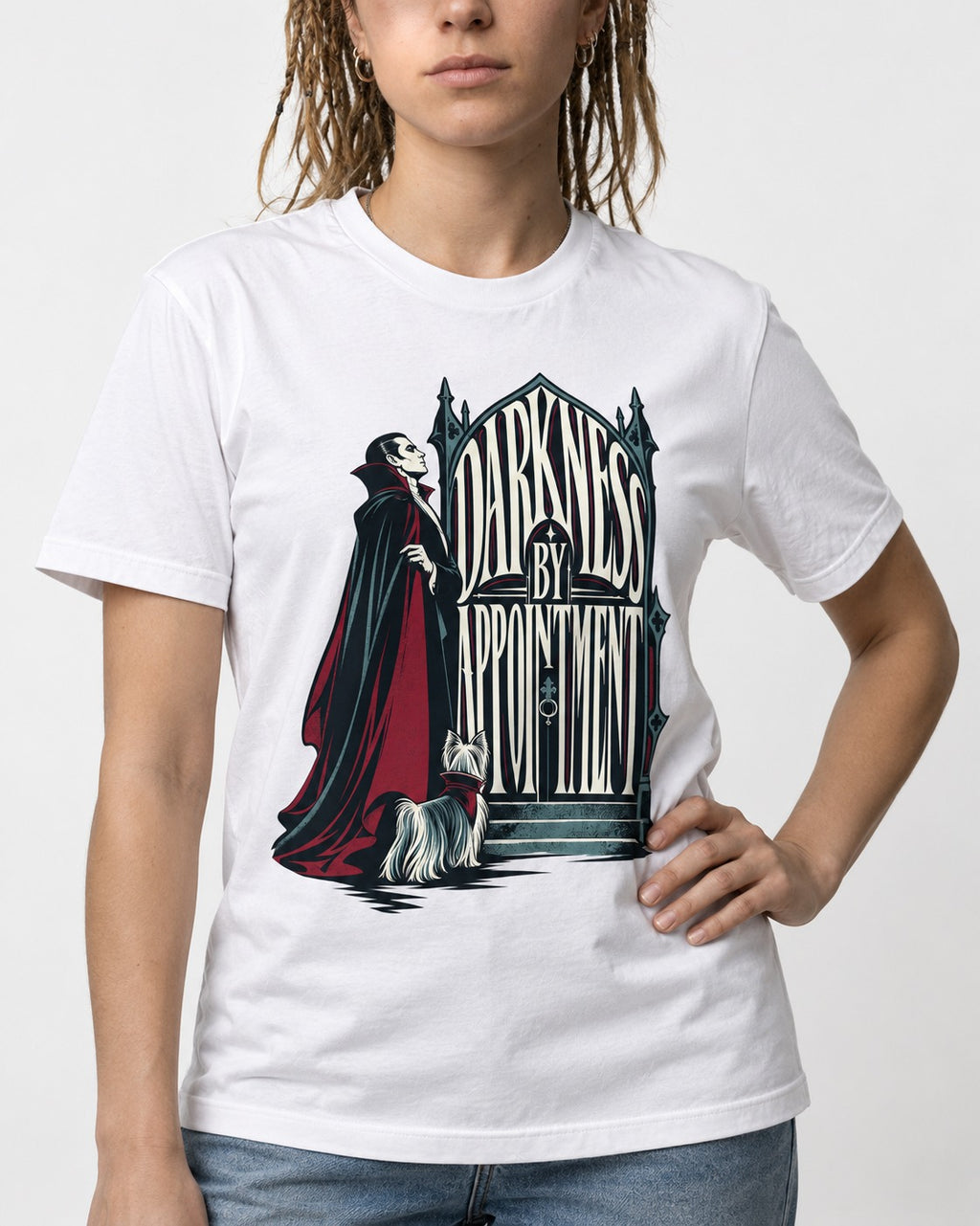 Darkness by Appointment with Yorkshire Terrier T-Shirt in White, worn by a model, front view