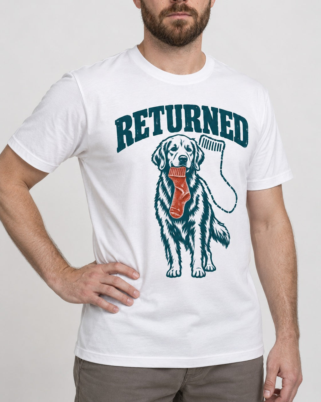 Golden Retriever Returned T-Shirt in White, worn by a model, front view