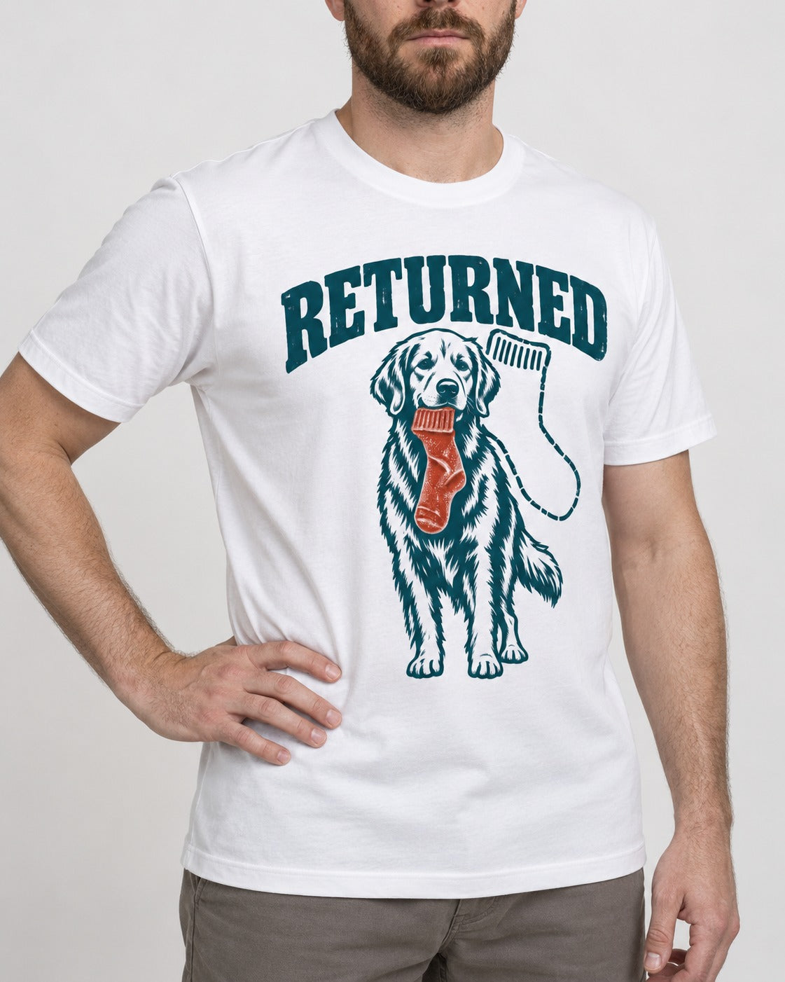 Golden Retriever Returned T-Shirt in White, worn by a model, front view