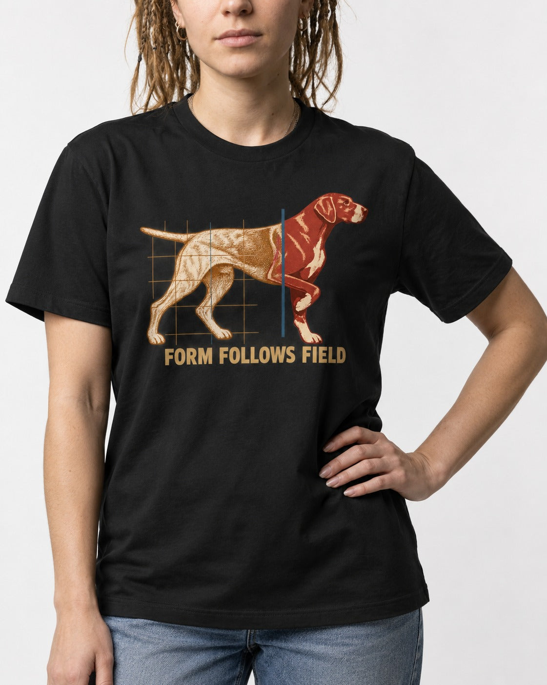 German Shorthaired Pointer Form Follows Field Grid Graphic T-Shirt in Black, worn by a model, front view
