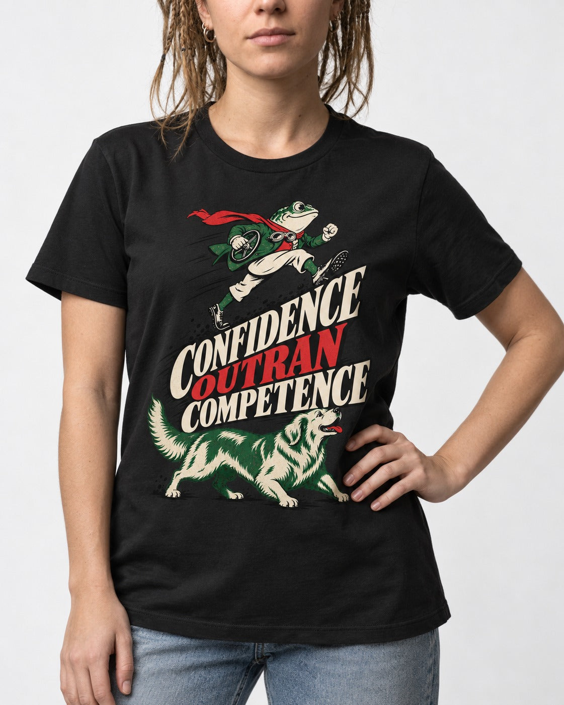 Golden Retriever Confidence Outran Competence Racing Graphic T-Shirt in Black, worn by a model, front view