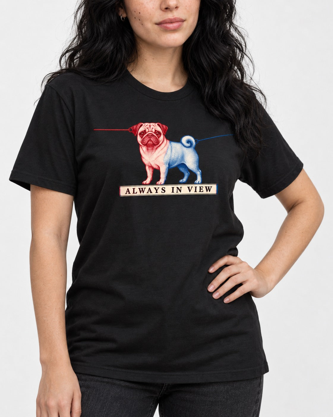 Pug Always in View Split Leash Graphic T-Shirt in Black, worn by a model, front view