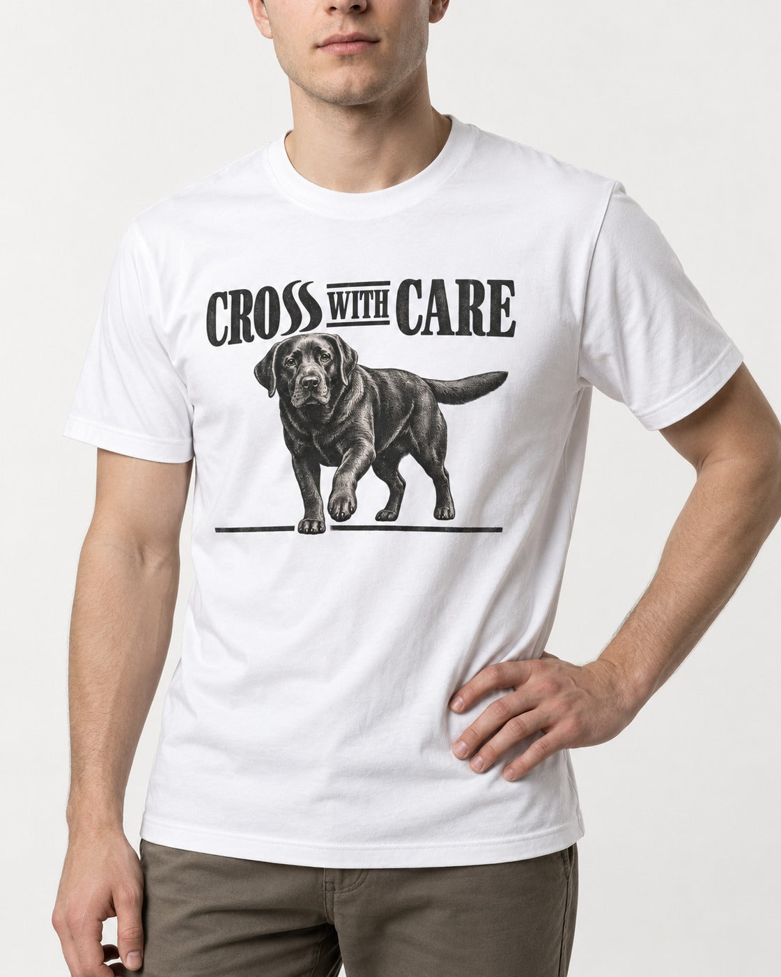 Labrador Retriever Cross with Care T-Shirt in White, worn by a model, front view