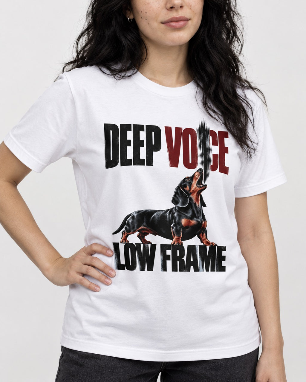Deep Voice Low Frame Dachshund T-Shirt in White, worn by a model, front view