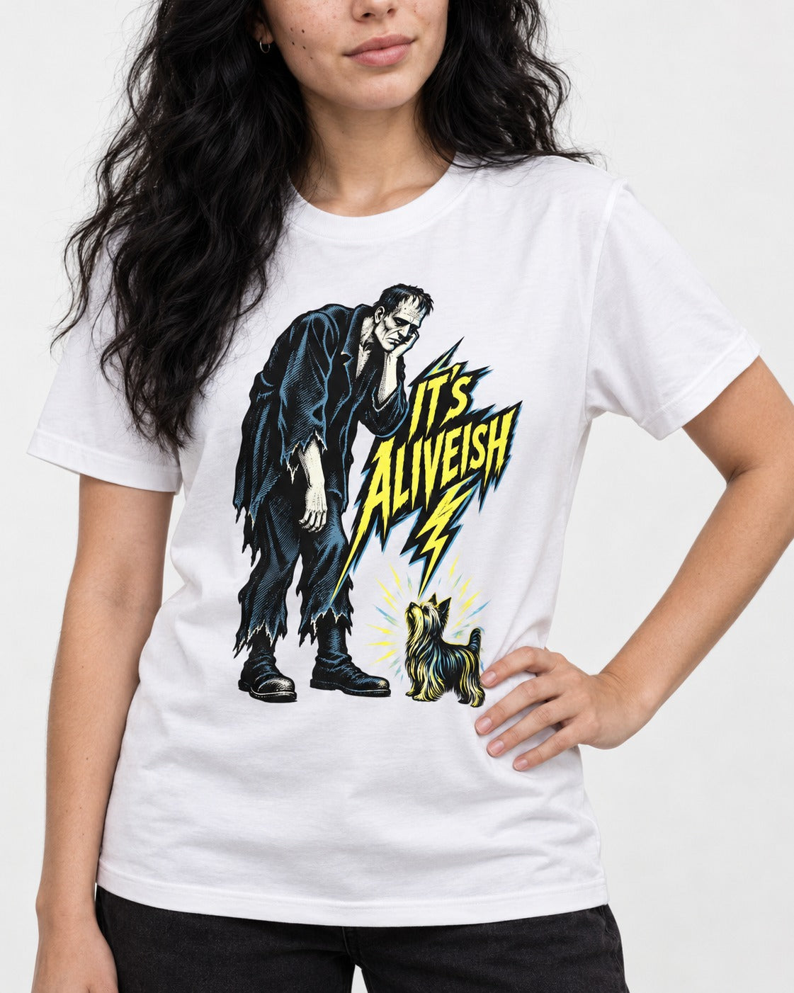 It's Aliveish Yorkshire Terrier T-Shirt in White, worn by a model, front view