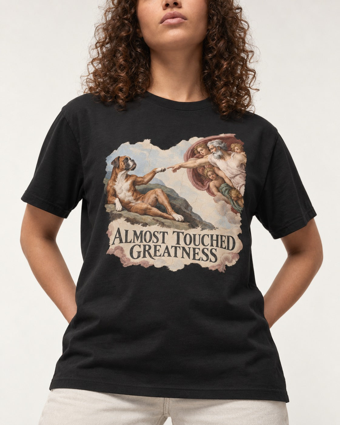Almost Touched Greatness Boxer Creation Fresco Graphic T-Shirt in Black, worn by a model, front view