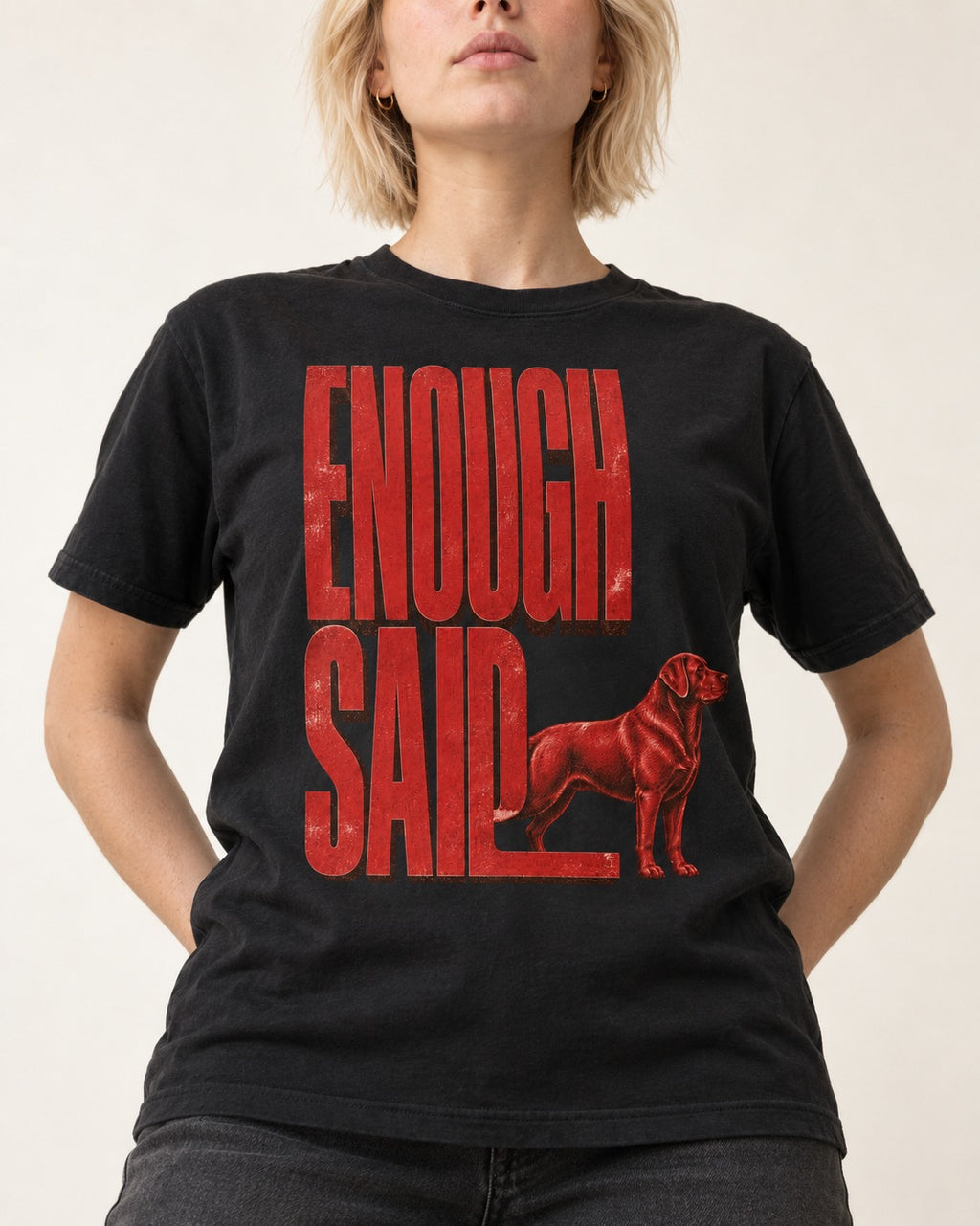 Labrador Retriever Enough Said Standing Typography Graphic T-Shirt in Black, worn by a model, front view