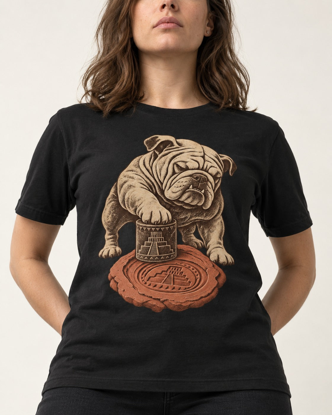 English Bulldog Ancient Cylinder Seal Graphic T-Shirt in Black, worn by a model, front view