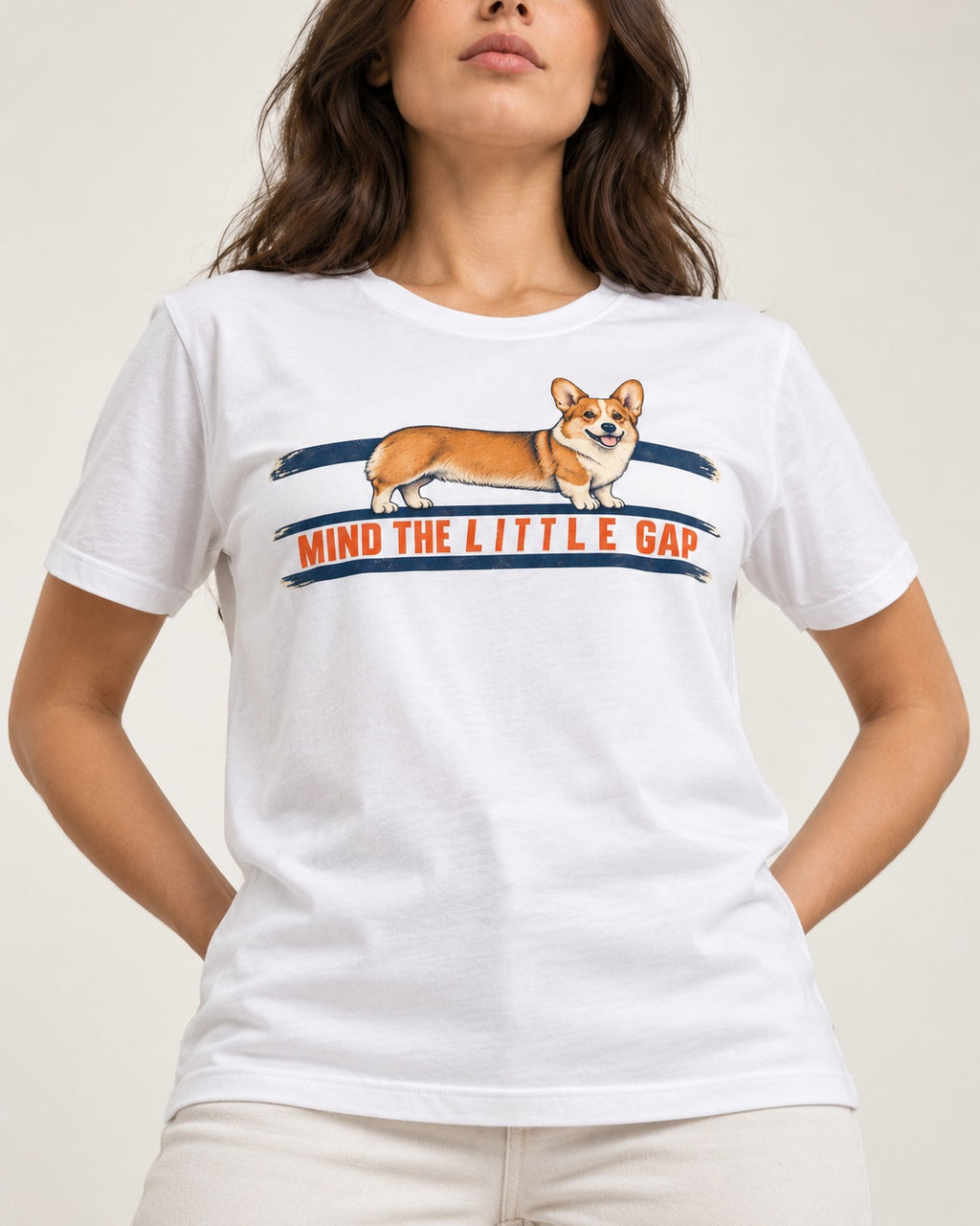 Mind the Little Corgi Gap T-Shirt in White, worn by a model, front view