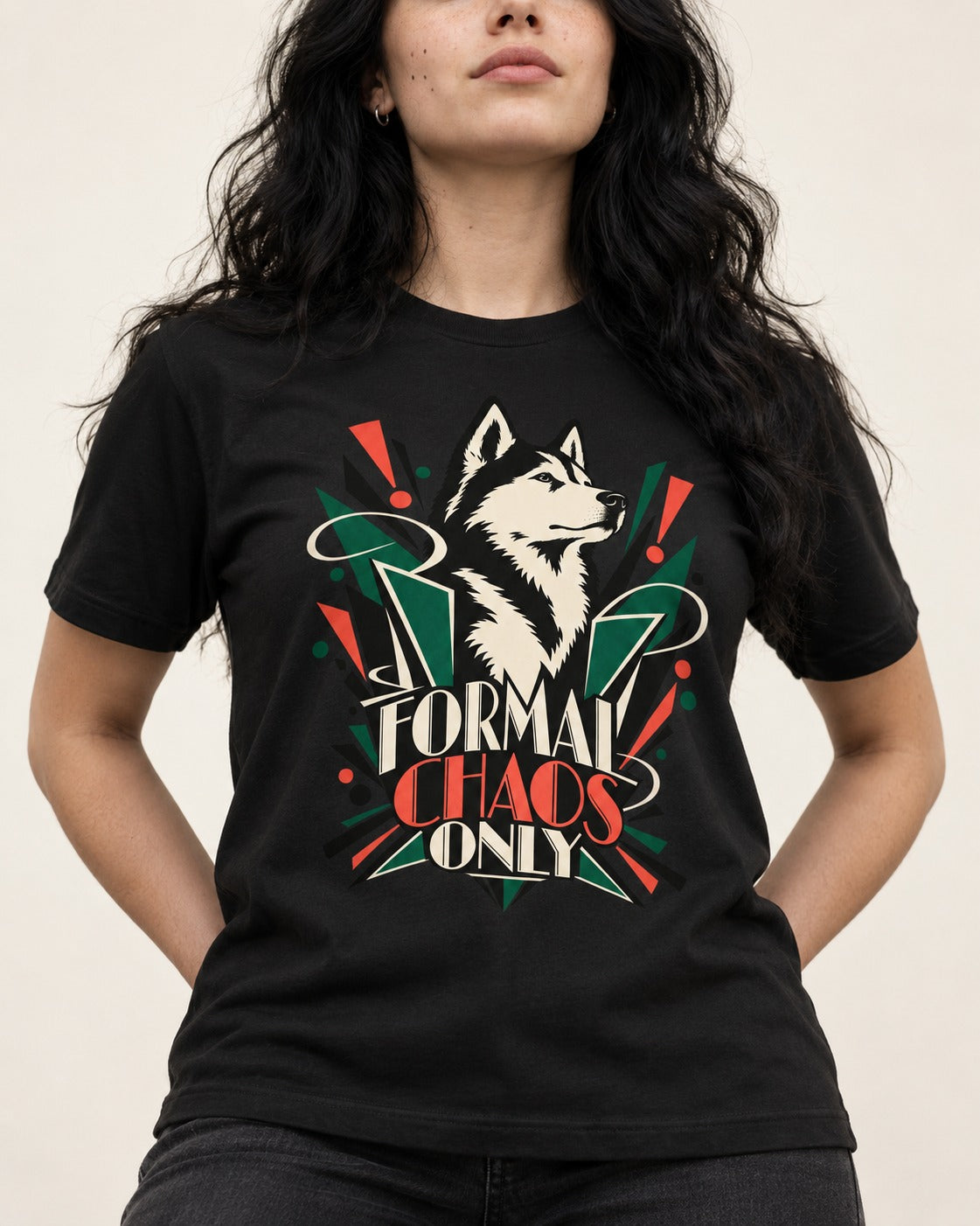 Husky Formal Chaos Only Art Deco Portrait Graphic T-Shirt in Black, worn by a model, front view