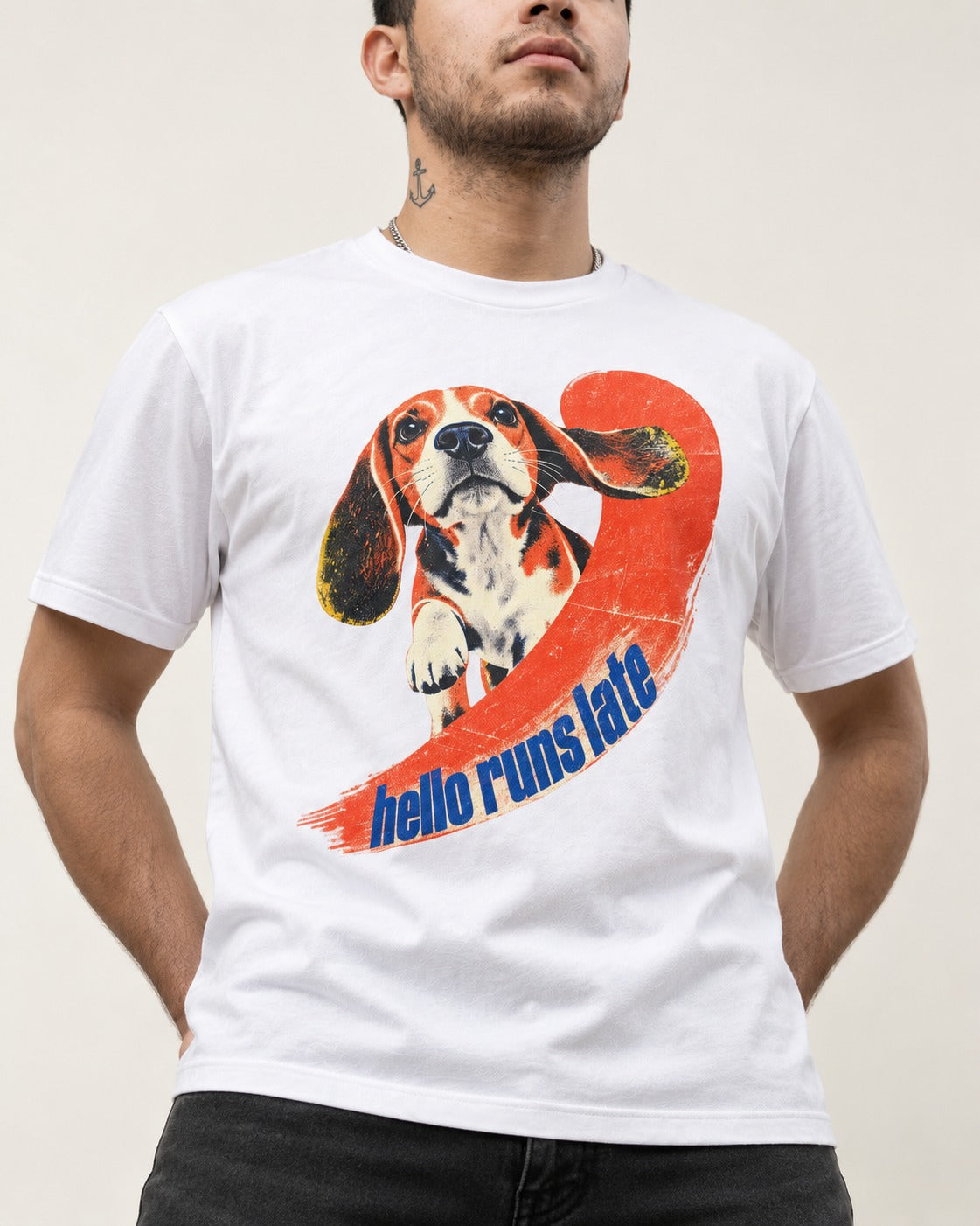 Beagle Hello Runs Late T-Shirt in White, worn by a model, front view