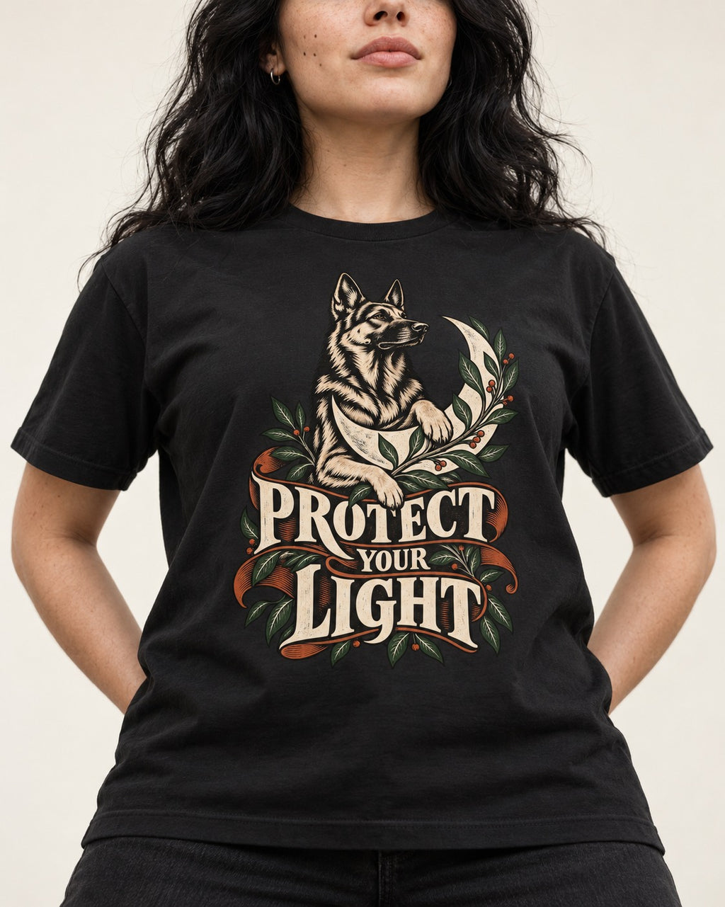 Protect Your Light Moon Botanical German Shepherd Dog Graphic T-Shirt in Black, worn by a model, front view