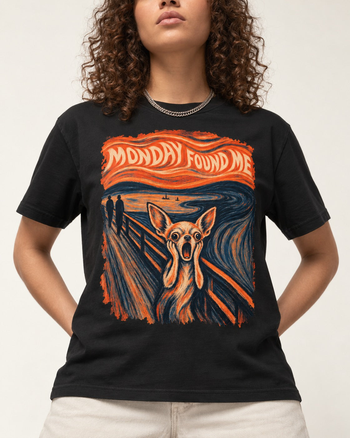 Monday Found Me Chihuahua Scream Banner T-Shirt in Black, worn by a model, front view