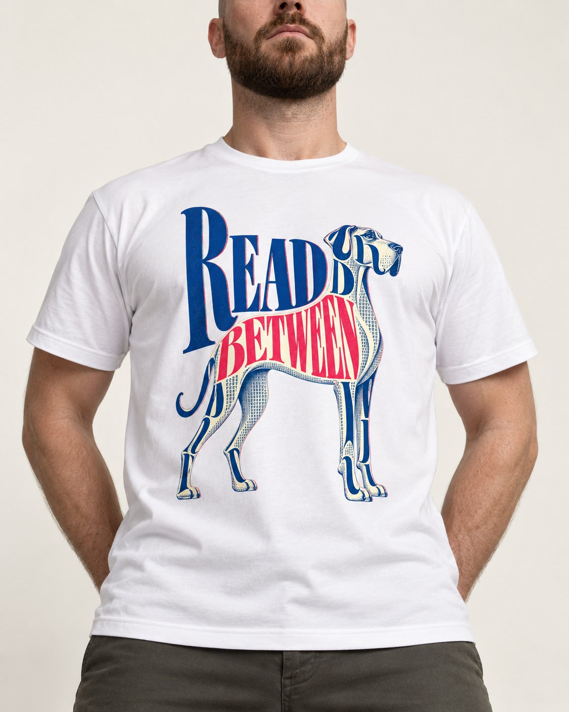 Read Between the Lines Great Dane T-Shirt in White, worn by a model, front view