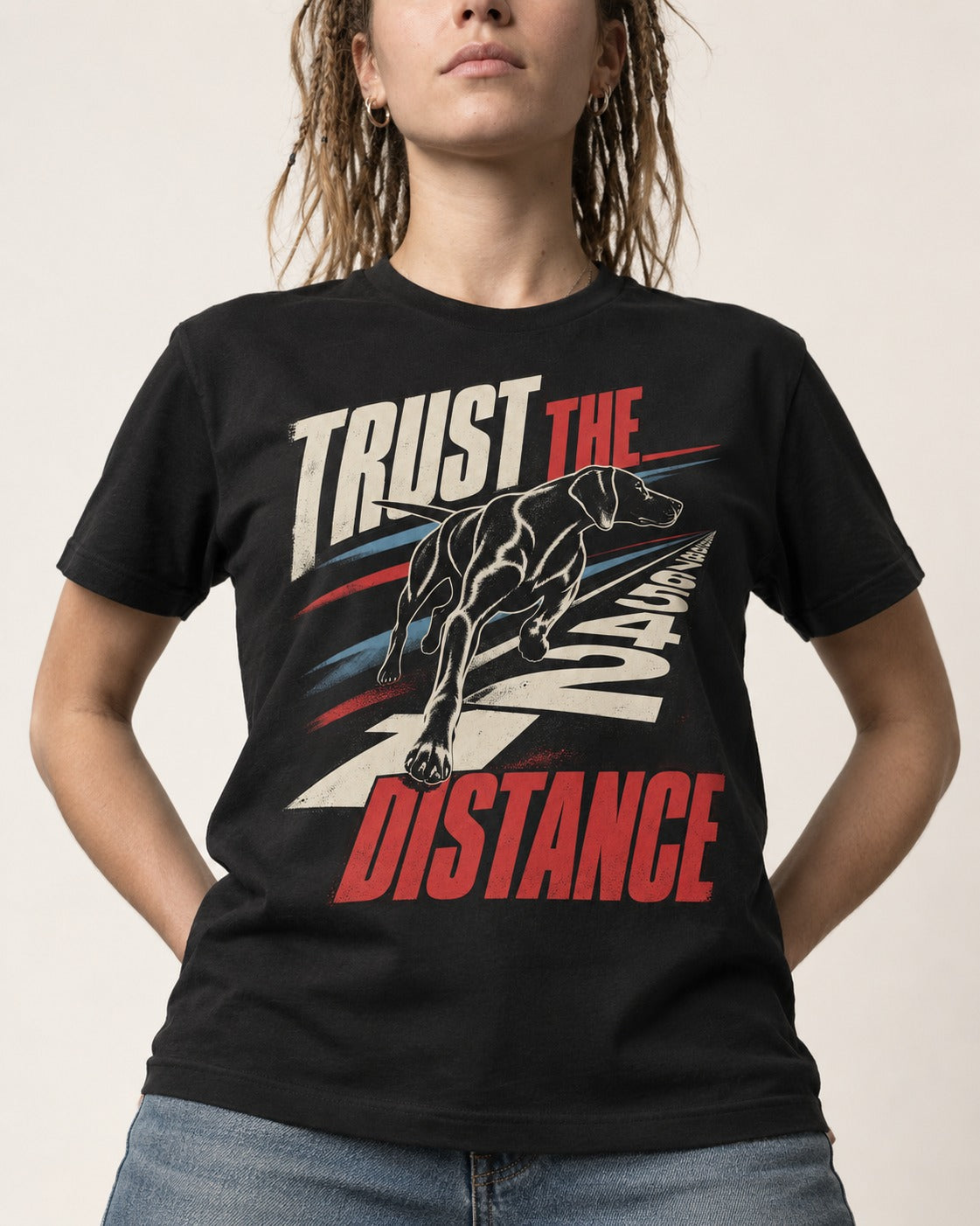 Trust the Distance German Shorthaired Pointer Graphic T-Shirt in Black, worn by a model, front view