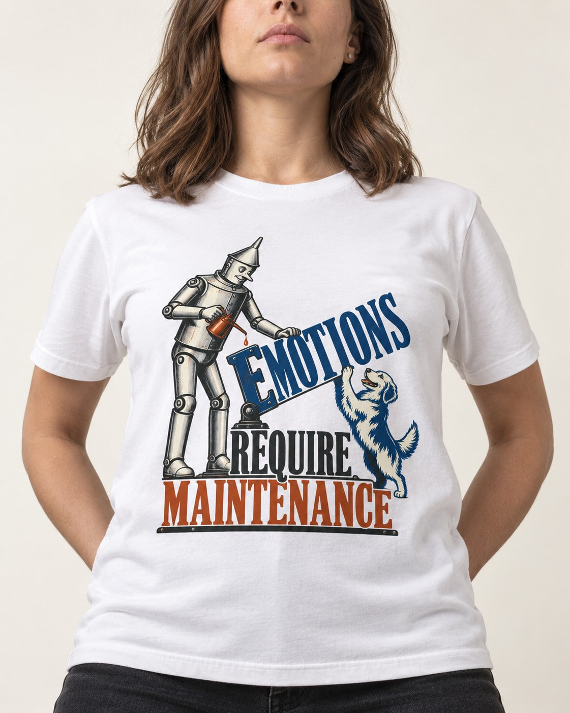 Golden Retriever Emotions Require Maintenance T-Shirt in White, worn by a model, front view