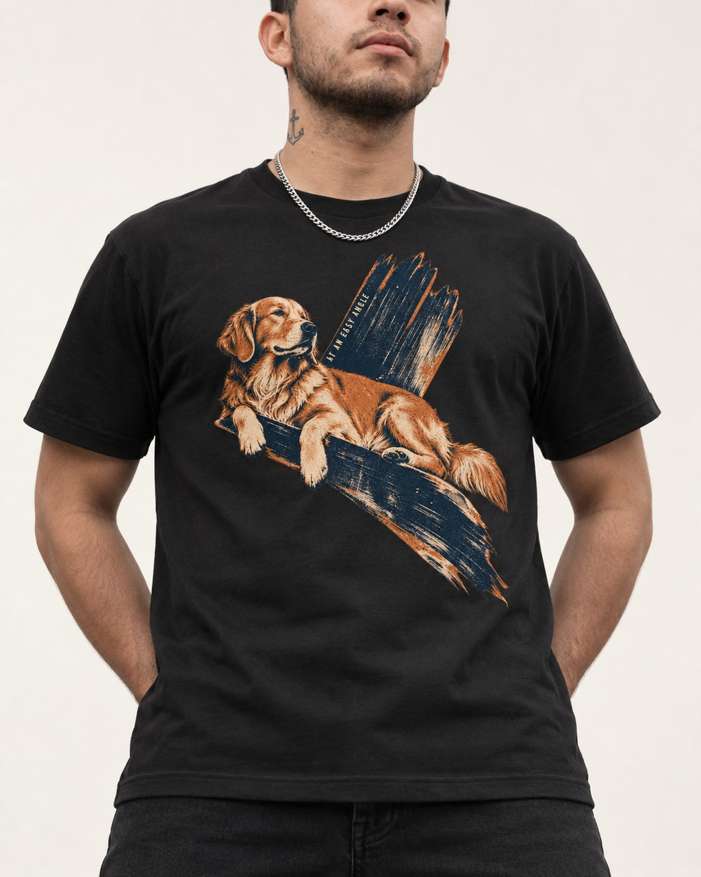 Golden Retriever At an Easy Angle Brushstroke Lounge Graphic T-Shirt in Black, worn by a model, front view