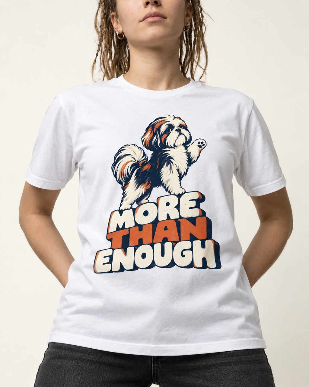 More Than Enough Shih Tzu T-Shirt in White, worn by a model, front view