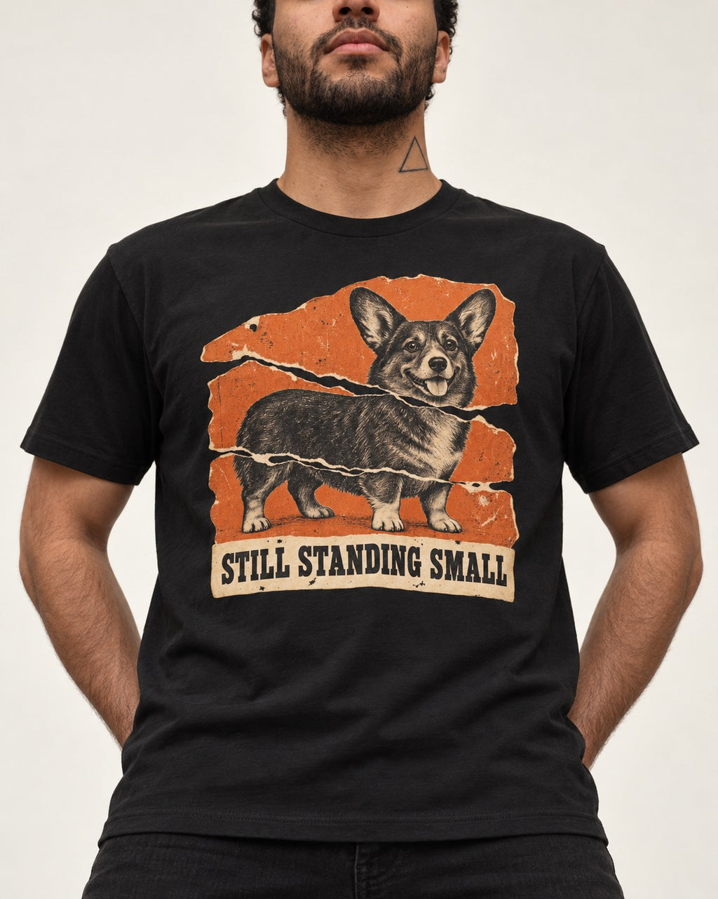 Corgi Still Standing Small Torn Poster T-Shirt in Black, worn by a model, front view