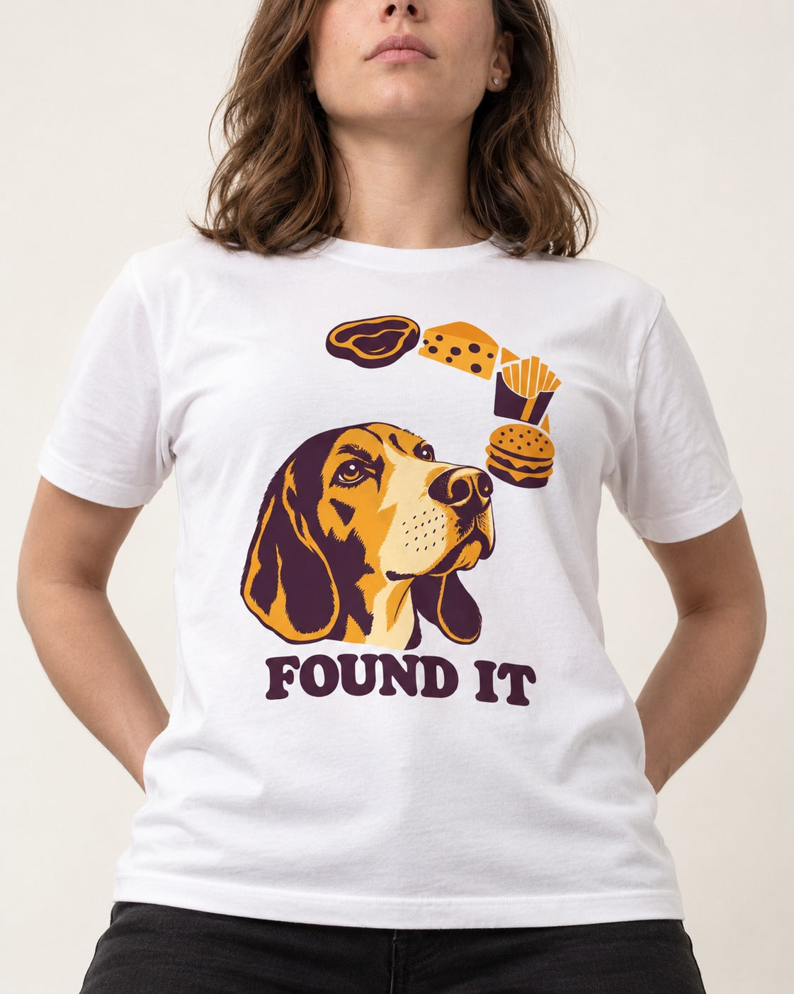 Beagle Found It T-Shirt in White, worn by a model, front view