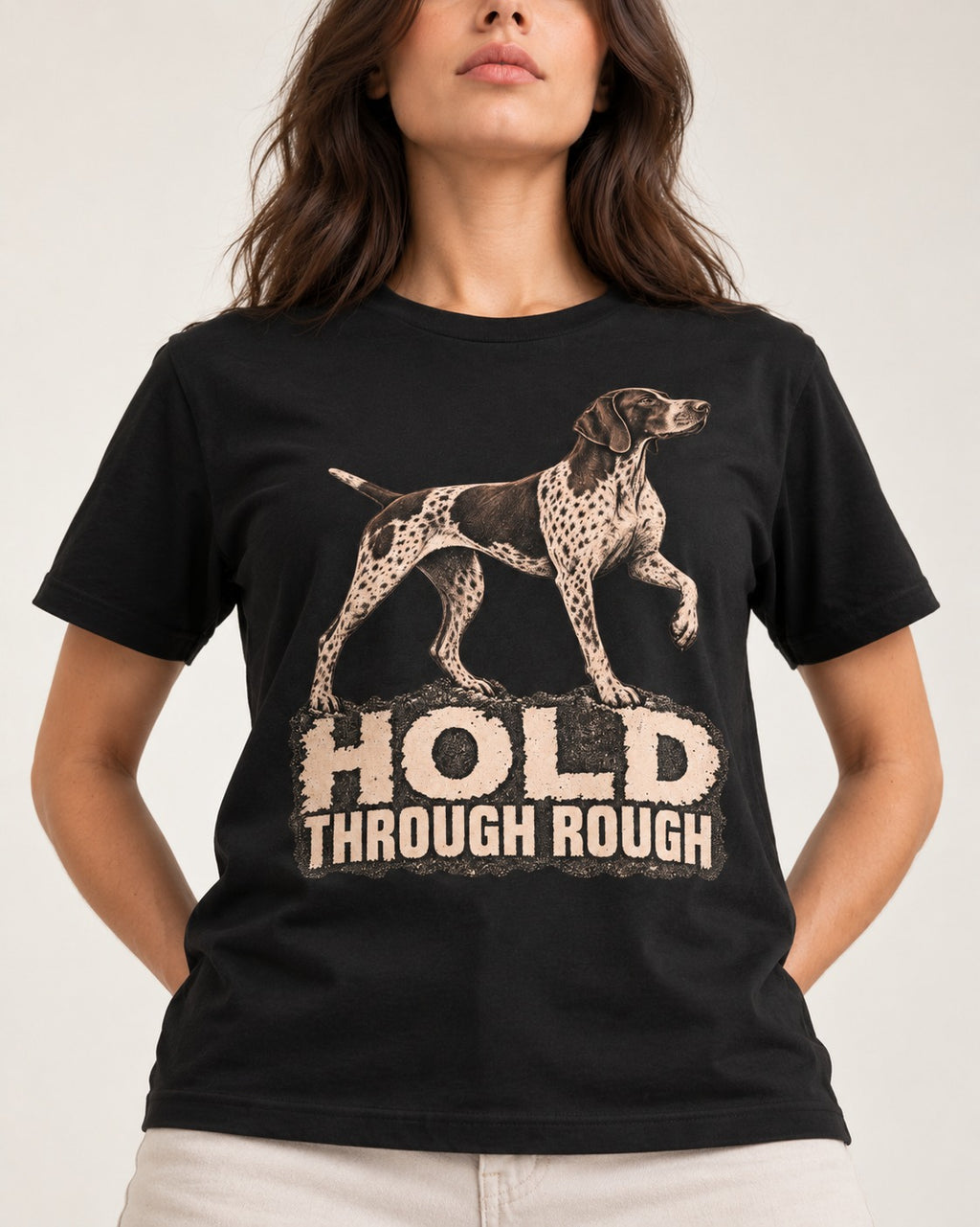 German Shorthaired Pointer Hold Through Rough Vintage Graphic T-Shirt in Black, worn by a model, front view