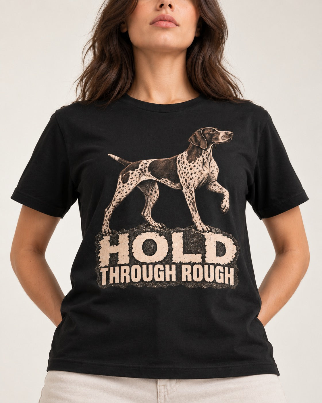 German Shorthaired Pointer Hold Through Rough Vintage Graphic T-Shirt in Black, worn by a model, front view